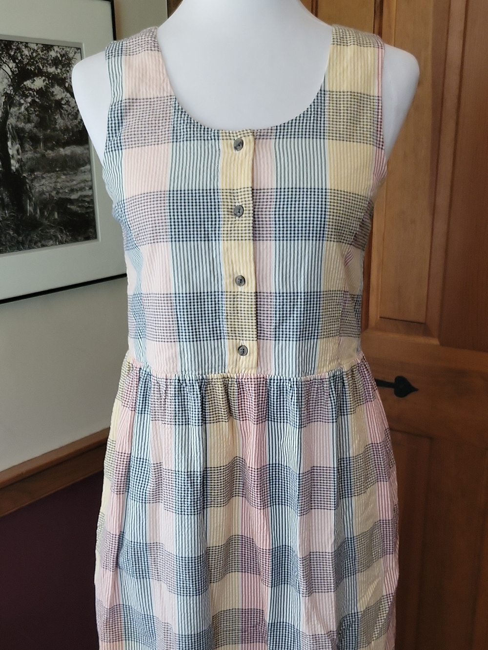 SEASALT CORNWALL Red Squirrel Plaid Seersucker Cotton Prairie Dress